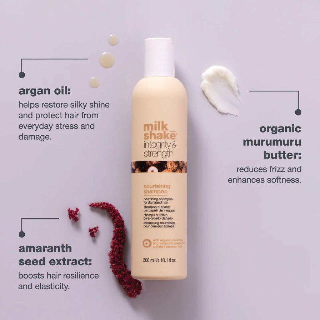 Key features of milk_shake Integrity & Strength Shampoo: paraben-free, sulfate-free, strengthening, frizz-reducing