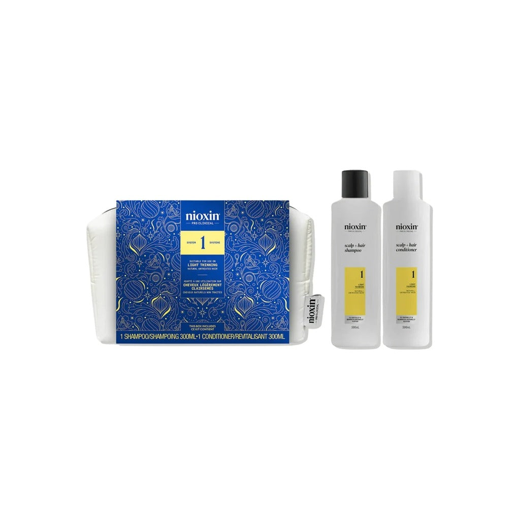 Nioxin System 1 Holiday Set with scalp and hair shampoo and conditioner beside white zip cosmetic bag
