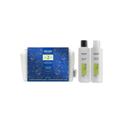 Nioxin System 2 Holiday Set with scalp and hair shampoo and conditioner beside white zip cosmetic bag