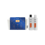 Nioxin System 4 Holiday Set with scalp and hair shampoo and conditioner beside white zip cosmetic bag