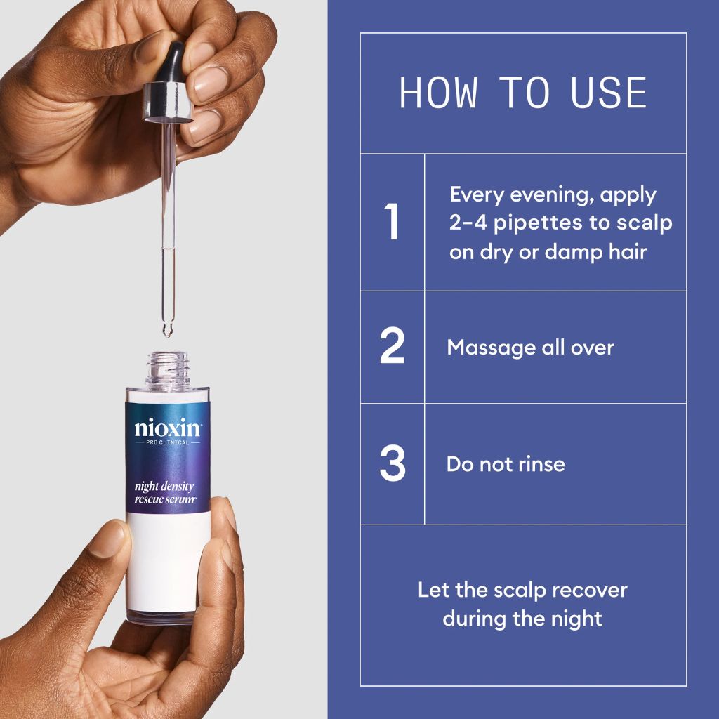 How to use Nioxin Night Density Rescue — apply 2–4 pipettes to scalp nightly, do not rinse