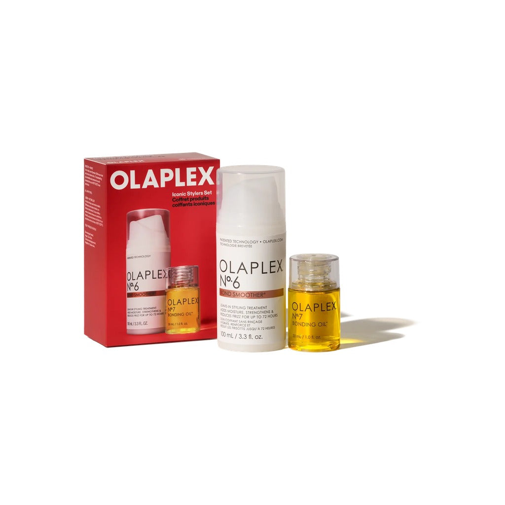 Olaplex Iconic Stylers Holiday Set with No.6 Bond Smoother and No.7 Bonding Oil in red gift box