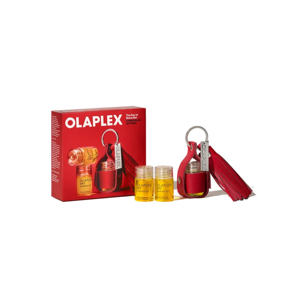 Olaplex The Key to Shine Holiday Set with No.7 Bonding Oil minis and red leather keychain holder