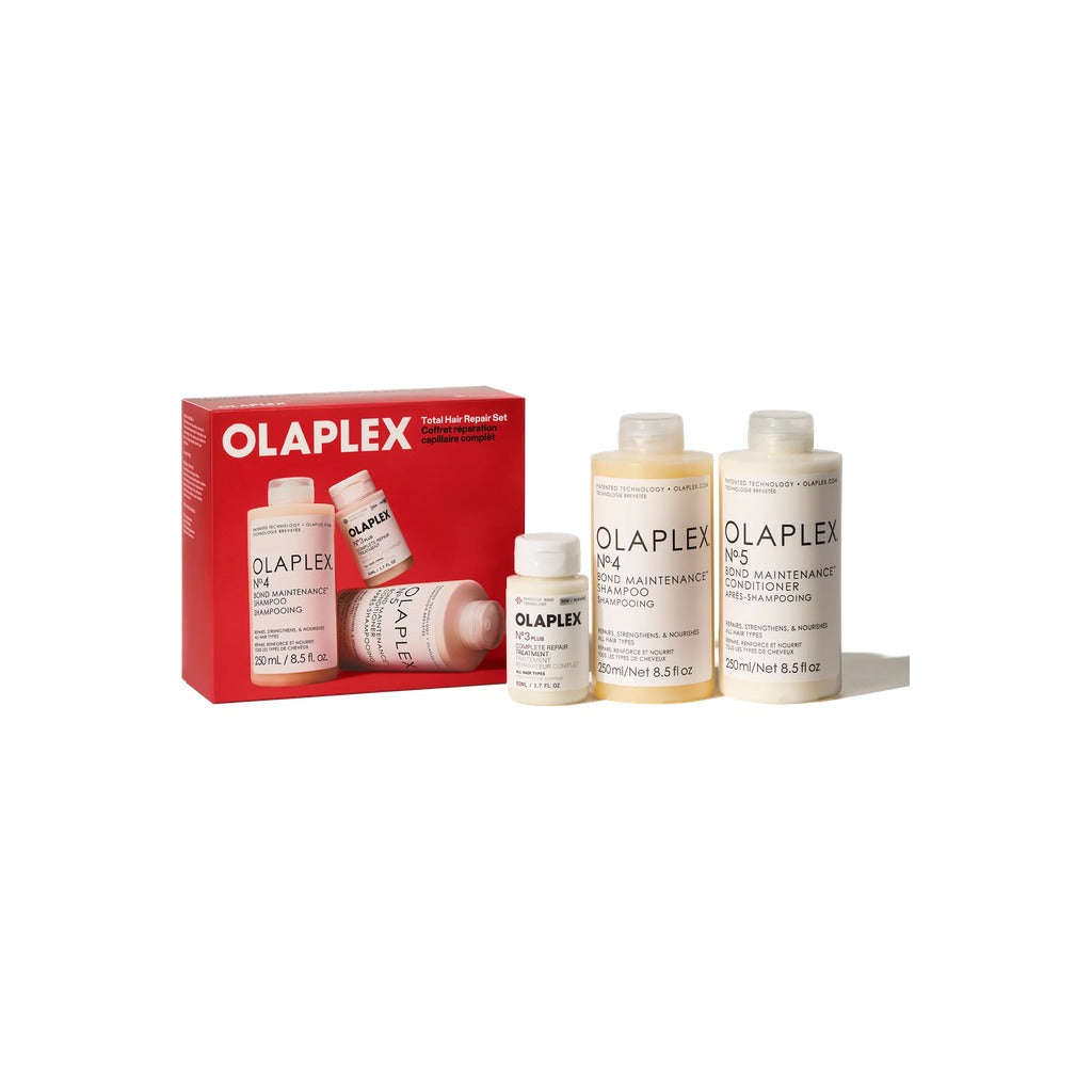 Olaplex Total Hair Repair Holiday Set with No.3PLUS treatment, No.4 shampoo and No.5 conditioner in red gift box