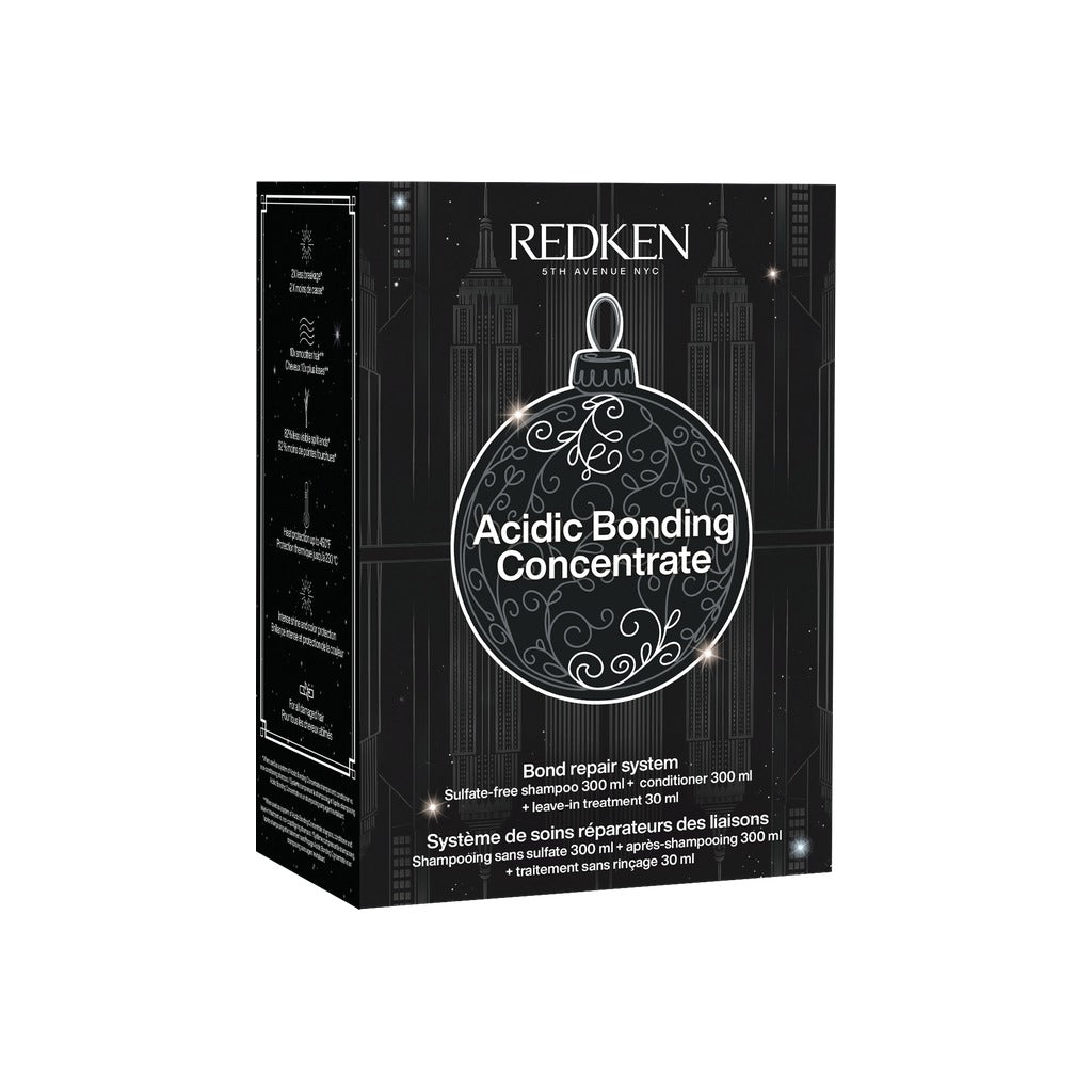 Redken Acidic Bonding Concentrate Holiday Set with shampoo, conditioner and free treatment in black holiday gift box