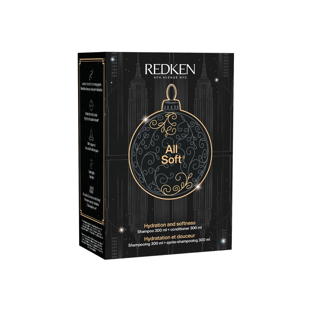 Redken All Soft Holiday Set with shampoo and conditioner in black holiday gift box