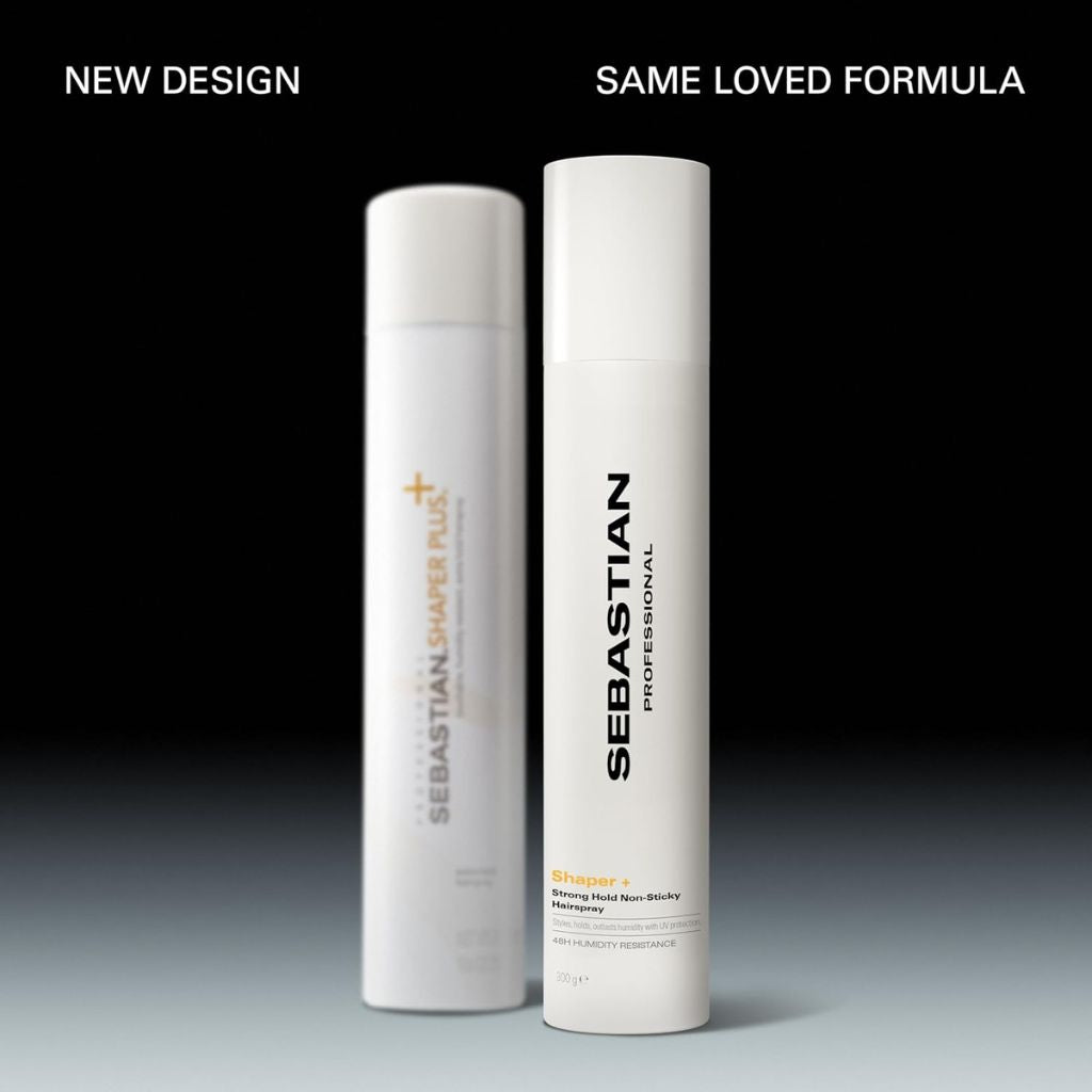 Sebastian Professional Shaper Plus+ hairspray new 2026 packaging compared to original bottle design

