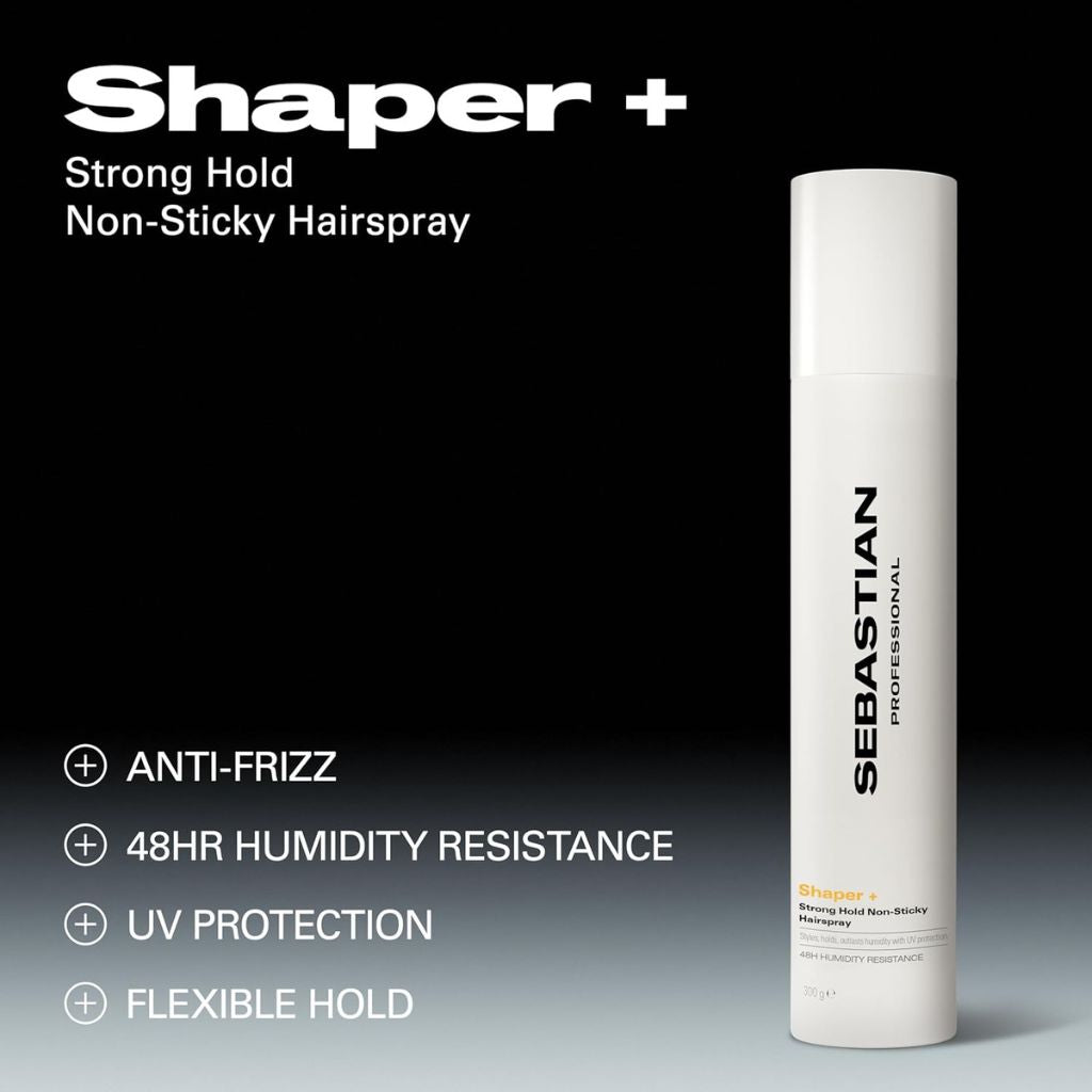 Sebastian Shaper Plus+ hairspray key benefits: strong hold, 48H humidity resistance, frizz control, UV protection, non-sticky finish
