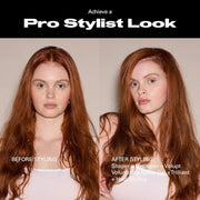 Before and after using Sebastian Shaper Plus+ hairspray — unstyled frizzy hair transformed to smooth, polished, long-lasting style