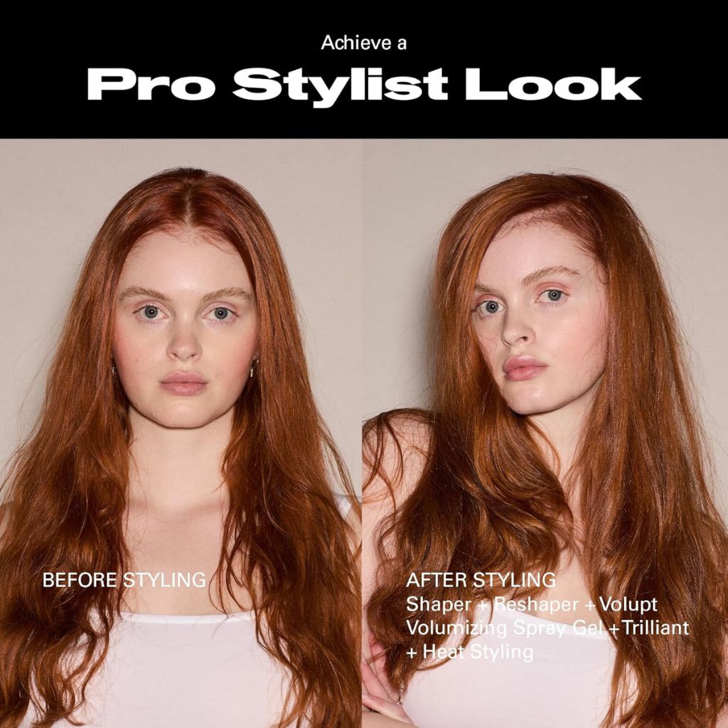 Before and after using Sebastian Shaper Plus+ hairspray — unstyled frizzy hair transformed to smooth, polished, long-lasting style