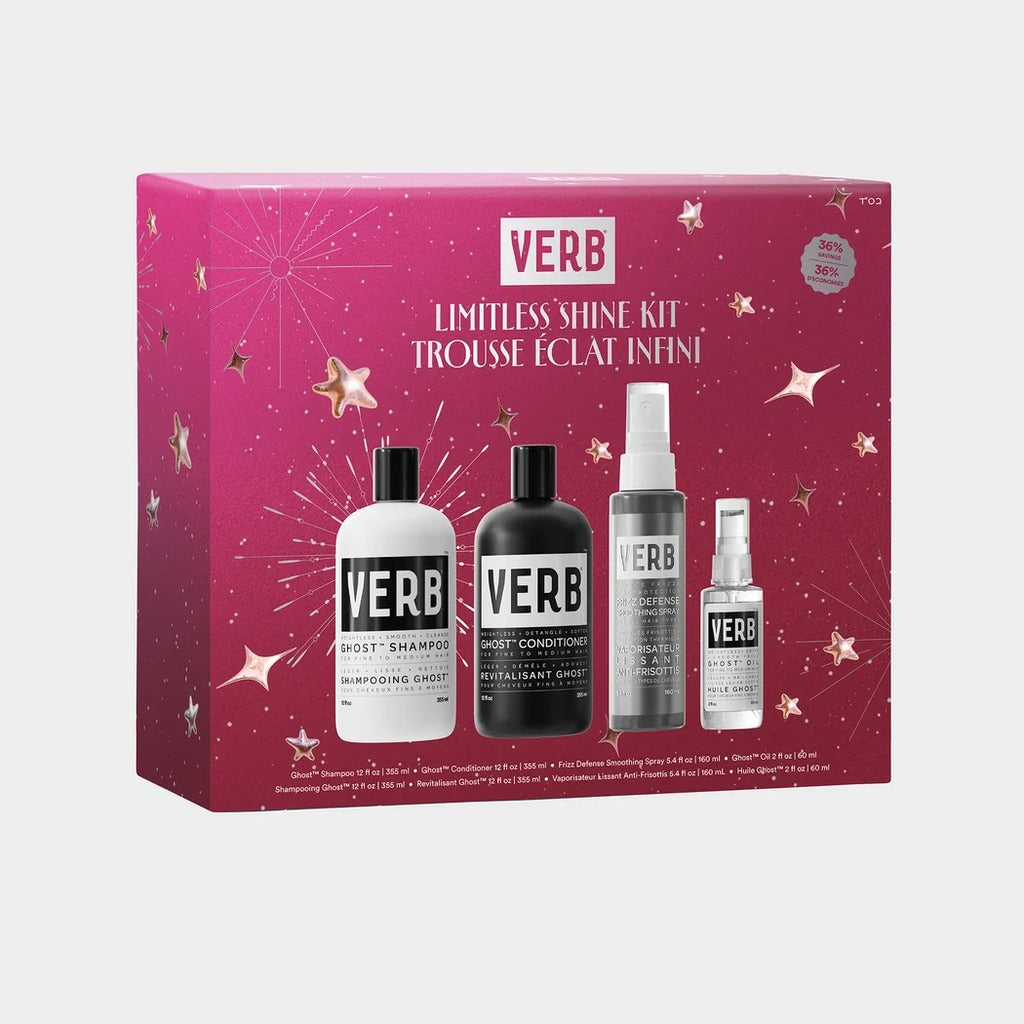 VERB Limitless Shine Holiday Kit with Ghost shampoo, conditioner, oil and Frizz Defense Smoothing Spray