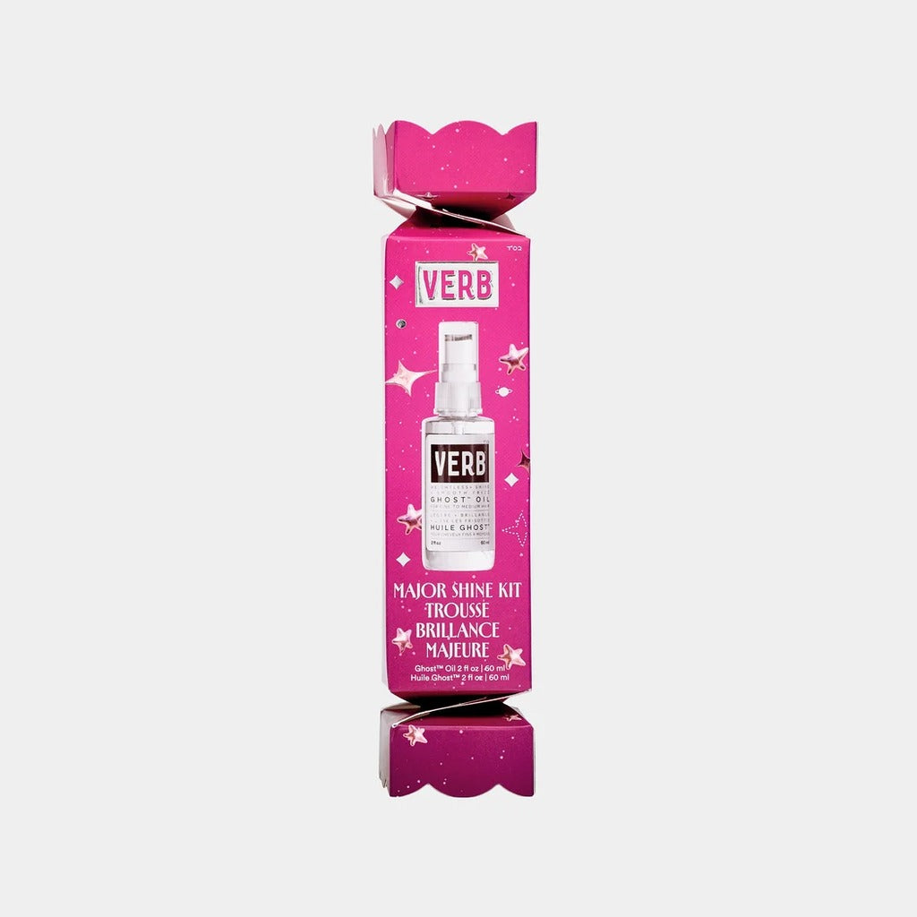 VERB Major Shine Holiday Kit with Ghost Oil in a pink holiday cracker