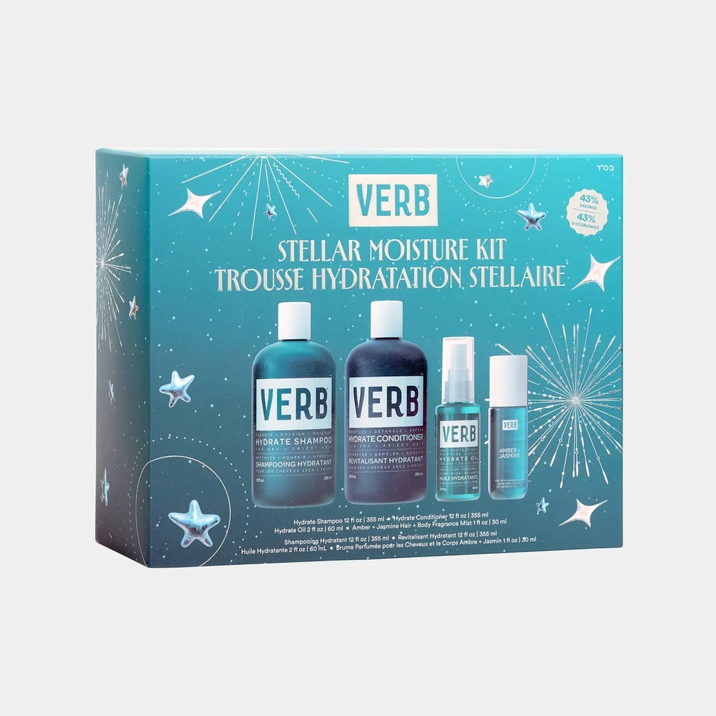 VERB Stellar Moisture Holiday Kit with Hydrate shampoo, conditioner, oil and Amber + Jasmine fragrance mist