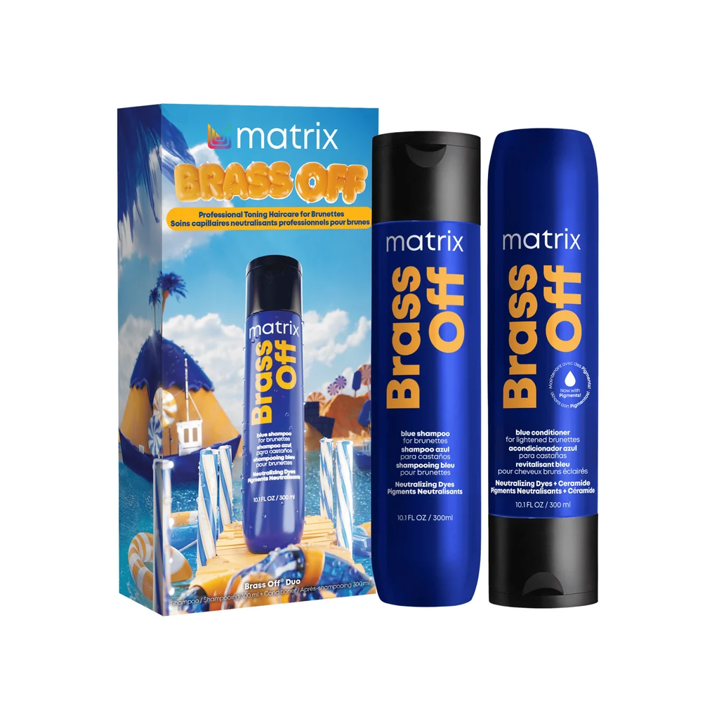 Matrix Brass Off Holiday Duo — blue toning shampoo and conditioner gift set for brunettes