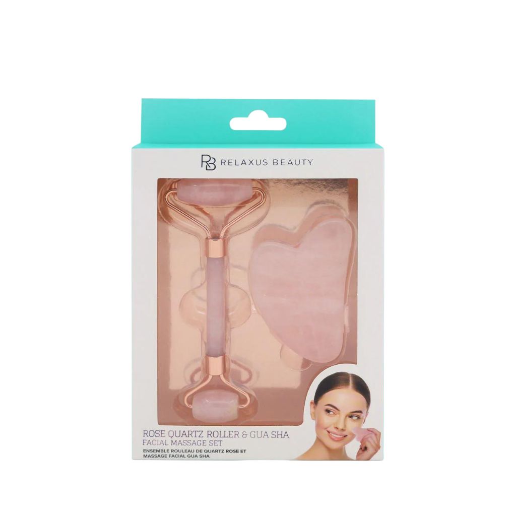 Relaxus Beauty Rose Quartz Roller & Gua Sha Facial Massage Set - Zennkai